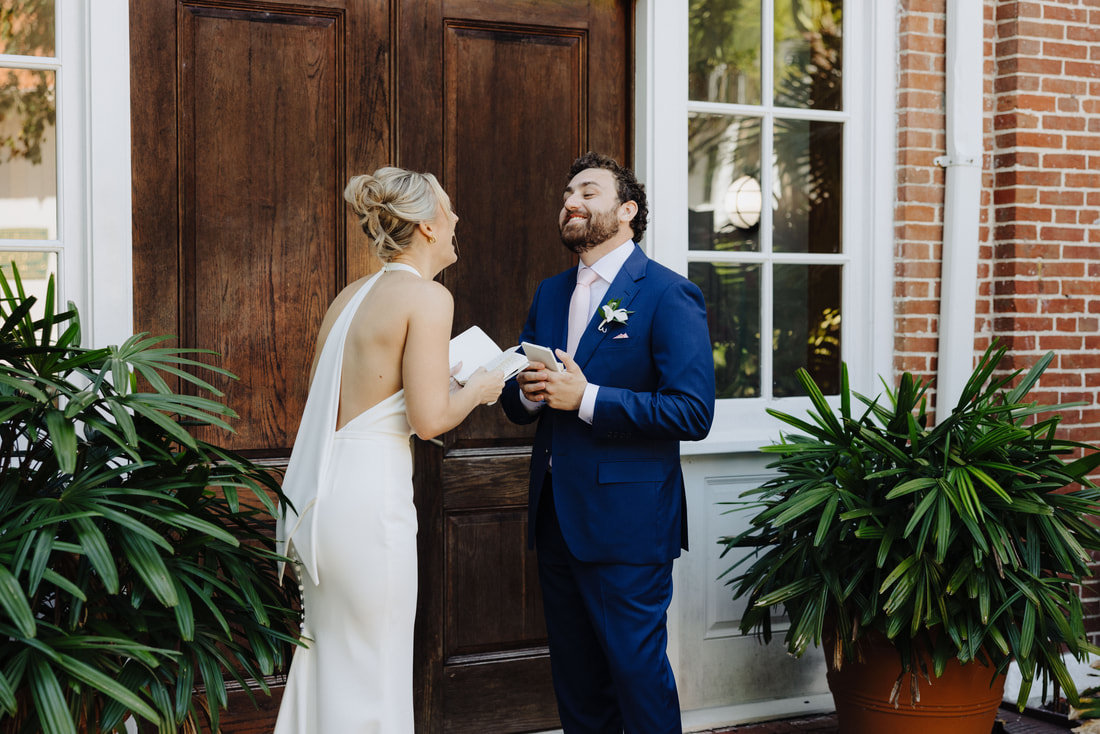 Bride and groom first look by the fountain at Truman Annex Key West Picture
