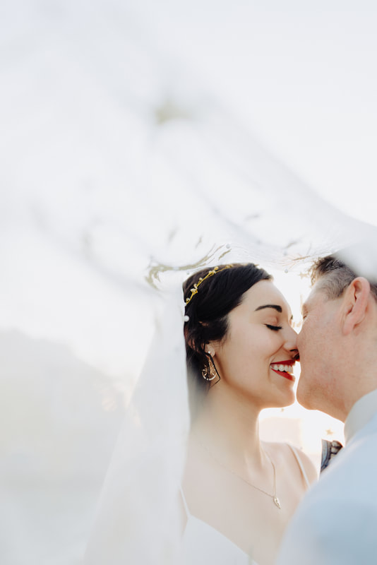 Bride and Groom close up with veil flying picture