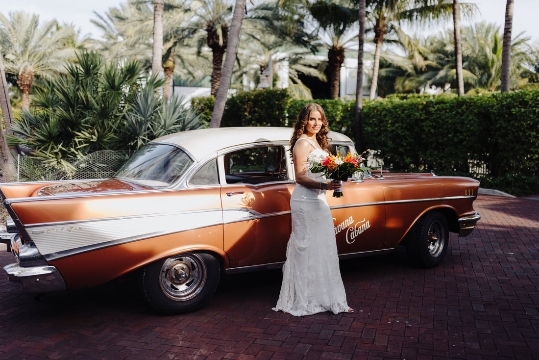 Bride and vintage car picture